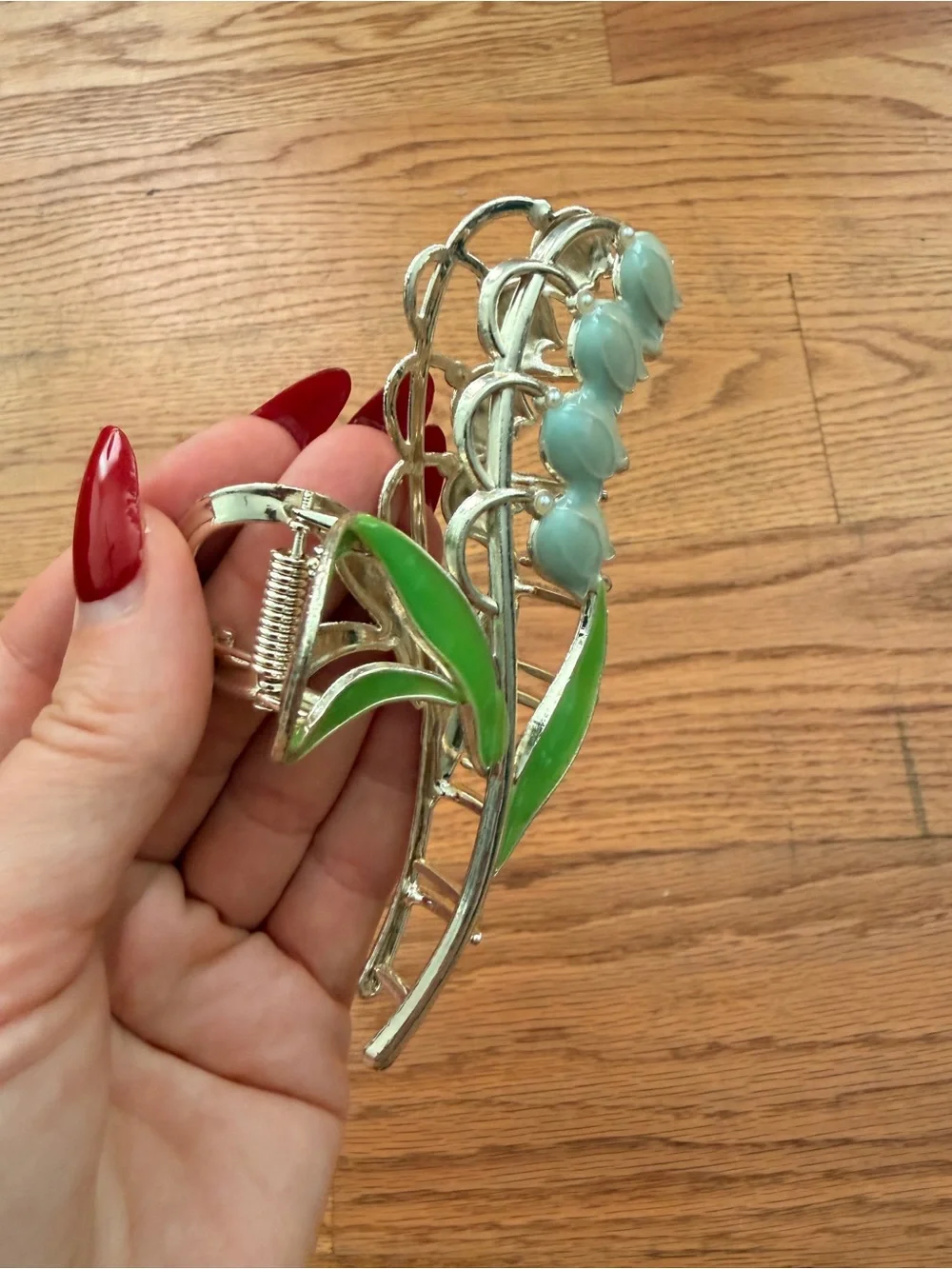 Silver Lily of the Valley Floral Hair Clip with Green Enamel